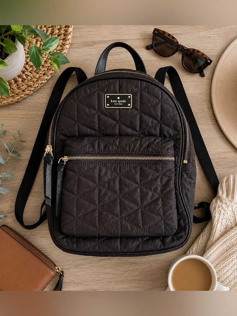 Kate Spade New York Black Quilted Nylon Mini Backpack Gold Hardware